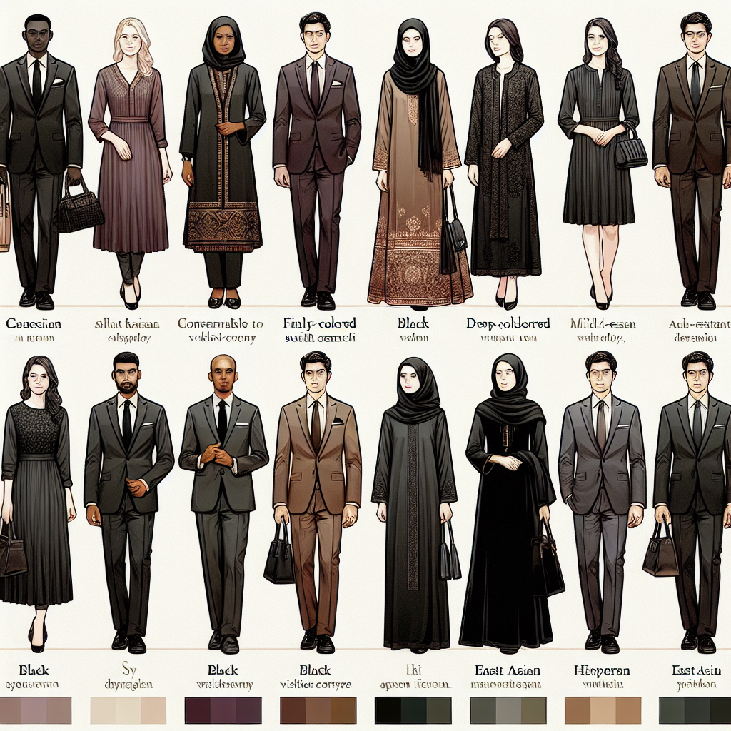 A clothing visual guide depicting what to wear to a visitation ceremony. Display a diverse group of individuals, with each person wearing a different outfit. Include a Caucasian man in a dark, finely tailored suit, a South Asian woman in a conservative, deep-colored salwar kameez, a Black woman in a dark, elegant skirt suit, a Middle-Eastern man in a modest, dark thobe, a Hispanic woman in a tasteful, dark-colored dress, and an East Asian man in a classic, dark-colored tuxedo. Each outfit should exhibit elegance and respect, suitable for a solemn occasion. Additionally, illustrate gentle hints of color differentiation within the restricted color palette to keep the representation visually engaging.