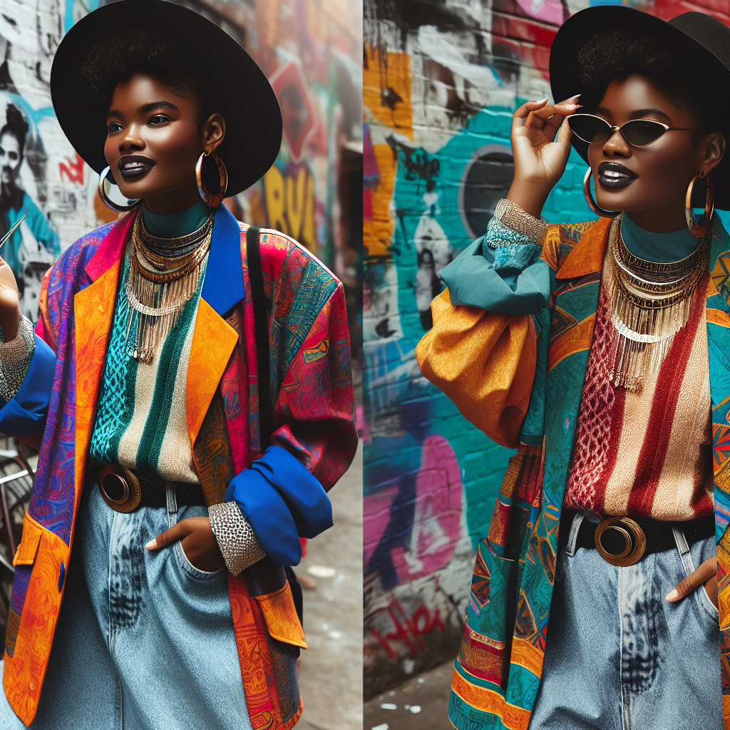 A plus-size black woman adorning stunning 90's fashion outfits, showcasing her confident beauty and stylish flair. She could be wearing a vibrant and bold color blocked oversized blazer paired with high-waisted washed jeans. Her accessories might include a chunky statement necklace, hoop earrings, and a wide-brimmed floppy hat. She could be striking an empowering pose in an urban setting, perhaps with graffiti-filled walls in the backdrop, to give off the impression of the quintessential city fashionista. This is a celebration of the diverse and inclusive beauty that the 90s era offered.