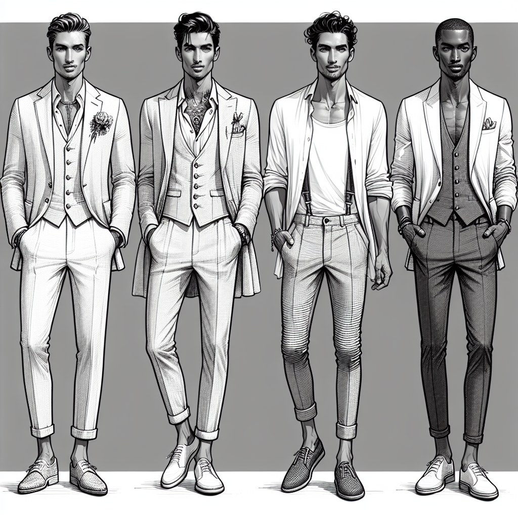 Visualize a clothing display featuring various options for casual wedding attire for men. Illustrate three possible outfit setups: the first showcasing a South Asian man in a light-coloured linen suit with a relaxed fit, the second highlighting a Middle Eastern man in fitted chinos teamed with a crisp white shirt and a waistcoat and the third showing a Black man sporting dark slim-fit jeans, a white t-shirt, and a statement blazer. Each look should embody a sense of relaxed sophistication and effortless elegance that's perfect for a casual wedding setting.
