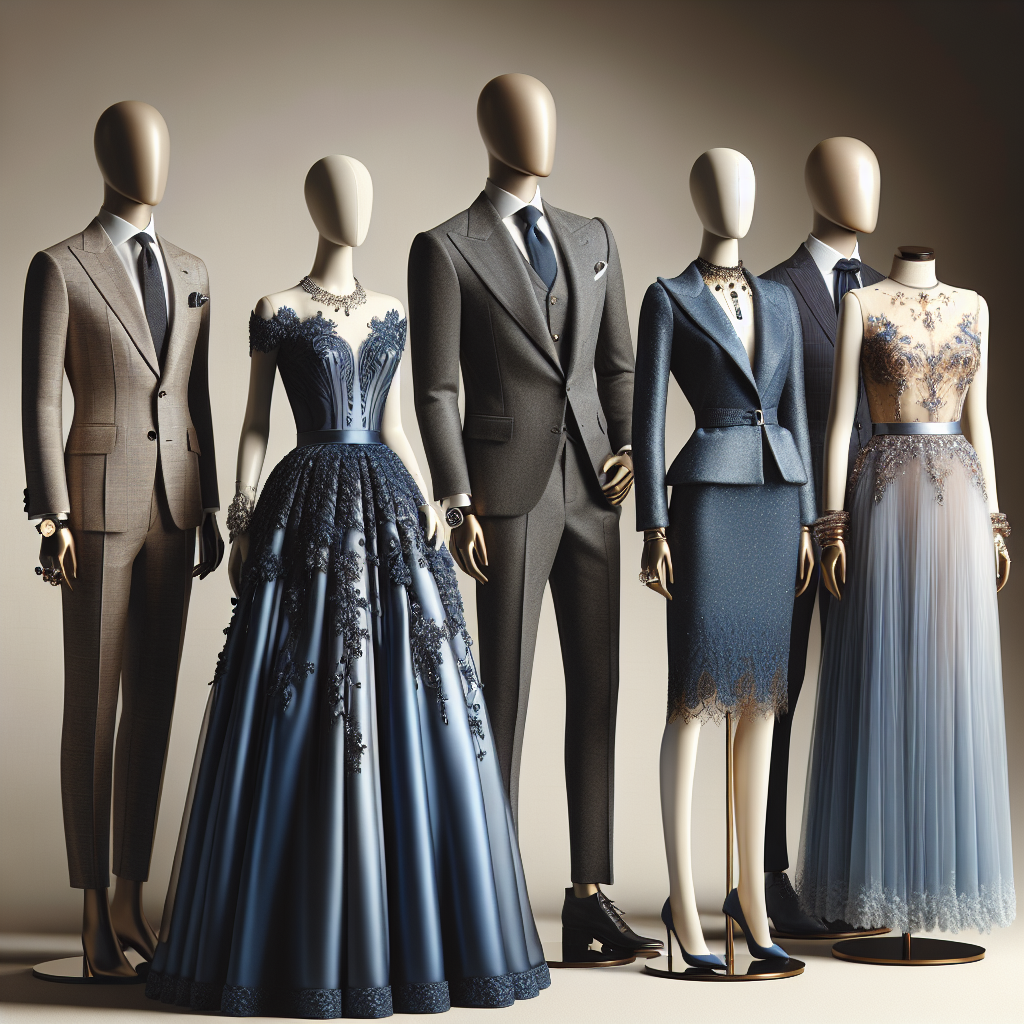 An array of elegant and stunning attire suitable for a Bat Mitzvah. Picture an array of outfits positioned on mannequins against a neutral background. The first one, an elegant dress in royal blue hues worn by a Caucasian mannequin. Second, a sophisticated suit in dark gray, displayed on a South Asian mannequin. And a third outfit, a semi-formal dress in pastel colors worn by a Black mannequin. Each outfit is adorned with tasteful accessories such as delicate jewelry, a fancy watch or a skinny tie.
