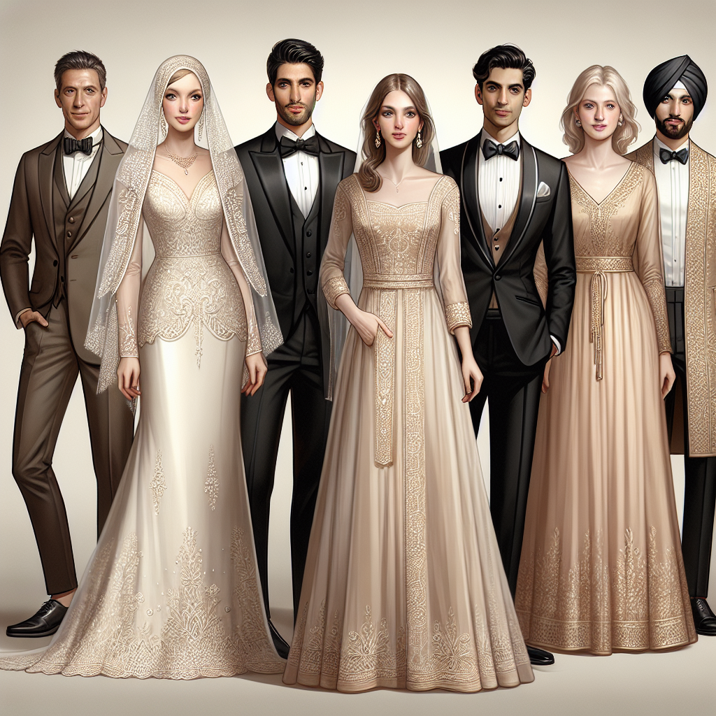 Imagine a scene presenting various types of formal wedding attire that are considered must-haves for looking stunning. The scene should display a diverse group of people modeling these styles. A Caucasian woman wearing a traditional, elegantly embroidered wedding dress with a lace veil. A Middle-Eastern man boasting a sharp black tuxedo with a matching bow tie. A South Asian man in a classic cream-coloured sherwani with intricate golden embroidery. A Hispanic woman in a champagne coloured, A-line bridesmaid's dress. Everyone is standing confidently, displaying their outfits against a neutral background. Please use a realistic and detailed art style for this image.