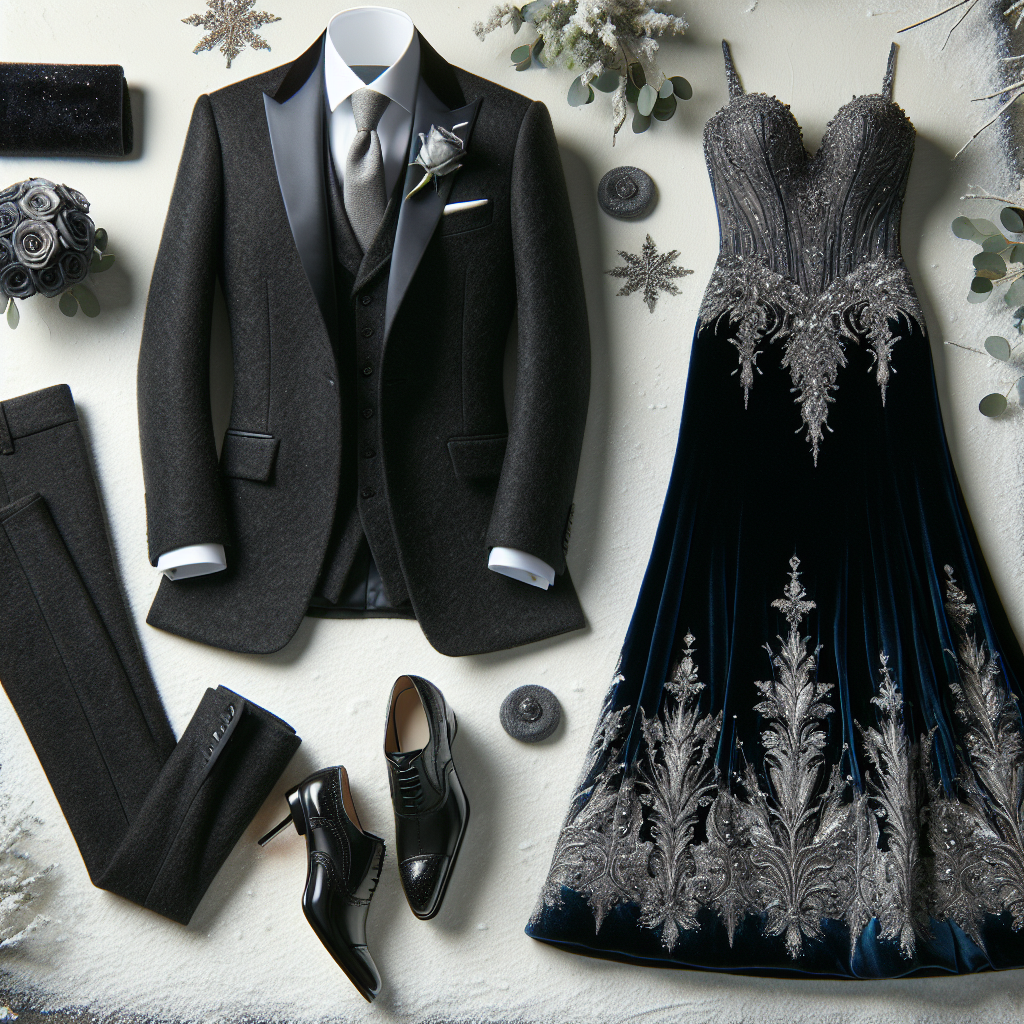 Visualize a still life portrait of semi-formal winter wedding attire showcasing opulent elegance. In the scene, include a finely tailored three-piece suit in a rich charcoal grey wool blazer, waistcoat, and pants, paired with a crisp white shirt, silver tie and matching pocket square, accented by a boutonnière with a single snow-dusted rose. Nearby, lay a glamorous, floor-length, midnight blue velvet evening gown with intricate silver beadwork at the bodice for a touch of sparkle. Complement these with a pair of black patent leather Oxford shoes for the suit and silver strappy high-heels for the gown. Exemplify both outfits with a beautiful snowy outdoor backdrop to evoke a winter wedding aura.