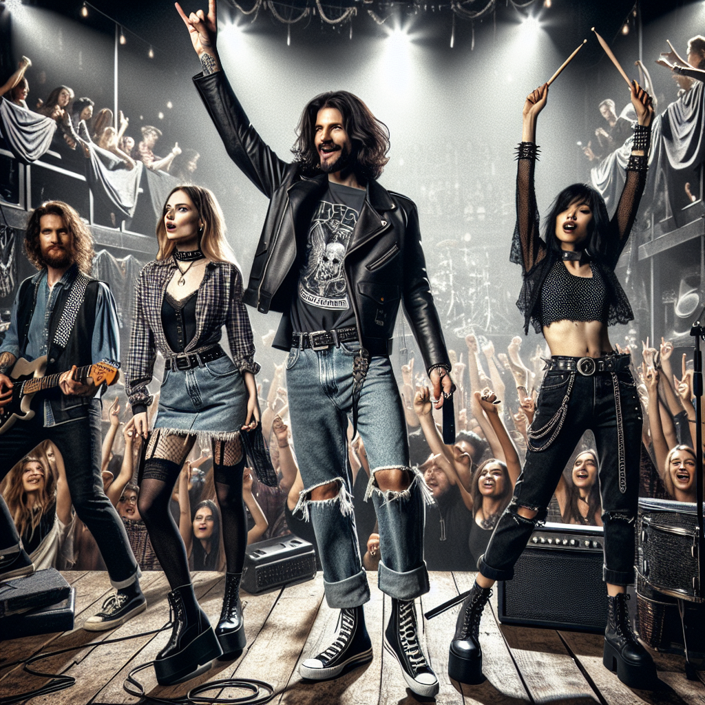 A lively scene at a rock concert. In the center, an enthusiastic Hispanic man, with dark shoulder-length hair, sporting a classic black leather jacket, distressed denim jeans, and a vintage band T-shirt. To his right, a Caucasian woman showing off her grunge chic style, wearing a plaid flannel shirt, ripped black denims, and chunky black boots, hoisting up a guitarist's pick. To his left, a Black woman in a punk ensemble featuring a black studded leather vest, skinny black jeans, and military boots, raising a drumstick. The background is filled with a crowd cheering, spotlights illuminating the atmosphere, and a stage with instruments ready for performance.