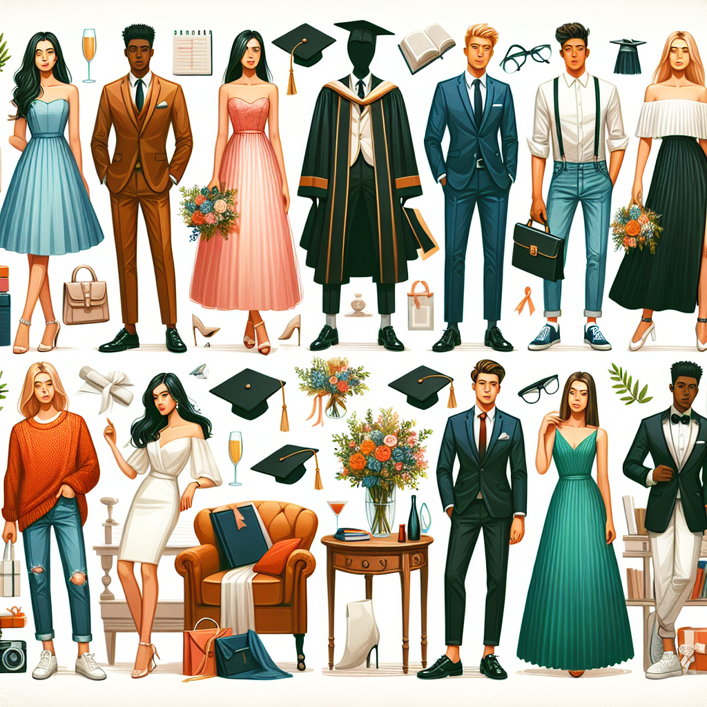 Create an image showcasing a variety of graduation guest outfits. Illustrate sartorial choices for different weather conditions, such as a cool and cloudy day or a warm, sunny afternoon. Ideas include a chic dress for a Caucasian woman, a stylish suit for a Black man, a sophisticated saree for an Indian woman, and a crisp white shirt and jeans for an Asian man. Add accessories like graduation caps, bouquets and personal gifts to enrich the festive mood. The scene should reflect a vibrant, celebratory ambiance filled with joy and achievement.