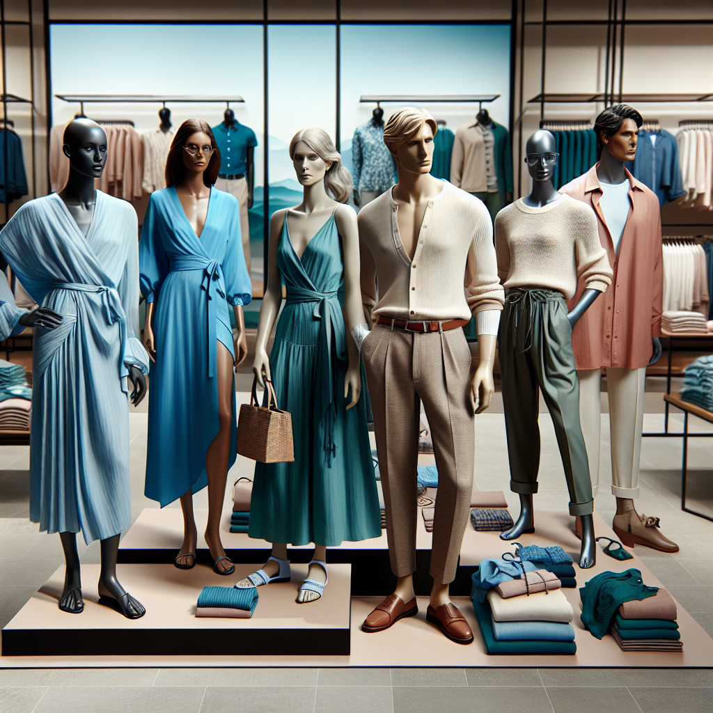 Envision a vibrant department store clothing display featuring a variety of stylish and comfortable post-surgery outfits. The outfits should be designed with quality fabric and attention to ease-of-wear, considering the needs of individuals after surgery. Capture a range of clothing items such as button-down shirts, loose fitting trousers, wrap dresses, and adjustable waistbands in diverse colors and patterns. Please include a mannequin of a Caucasian woman dressed in a cerulean wrap dress, a South Asian man in a beige button-down shirt and dark trousers, and a Black woman in a pink loose fitting tunic and trousers.