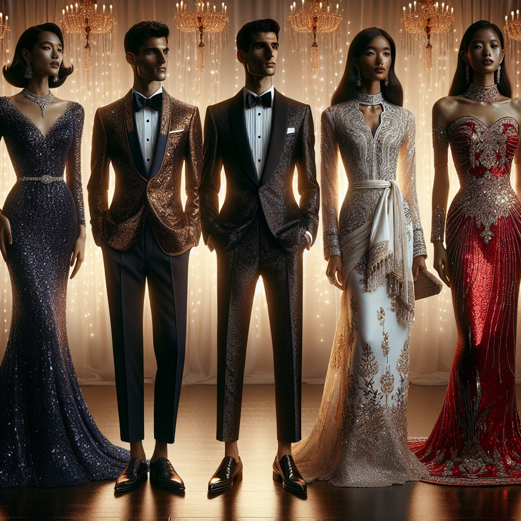 Imagine an array of five striking celebration outfits. First, a grandiose, sparkling gown of rich navy blue, its silhouette draped elegantly on a South Asian woman. Next, a sharp, well-tailored tuxedo with polished shoes, enhancing the style of its Caucasian wearer. Third, an exquisite Asian-inspired red cheongsam adorning a Middle Eastern woman. Fourth, a sophisticated, embroidered white guayabera shirt and matching trousers on a Black man. Lastly, a beautifully sequined sari in jewel tones, draped on a Hispanic woman. These outfits glitter under the soft glow of ornamental lights, each perfectly reflecting the wearer's unique style