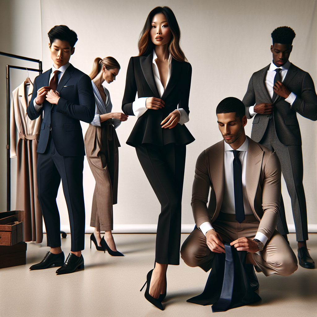 Envision a fashion editorial-style photoshoot featuring four models preparing for an interview. In the foreground, an Asian woman is elegantly styled in a chic, tailored black pantsuit with high-heeled shoes. To her left, a Hispanic man is adjusting his well-fitted navy blazer over a crisp white shirt, complemented by a pair of khaki trousers. In the background, a Caucasian woman is elegantly dressed in a professional peplum blazer and skirt set in a soft beige tone. A Black man, to her right, is selecting a silk tie to go with his charcoal gray suit. They all exude confidence and professionalism.