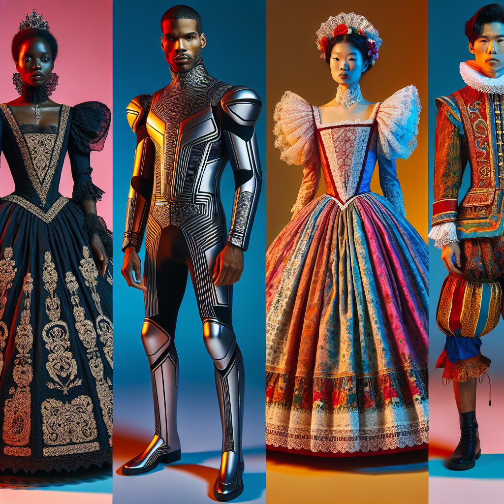 Image of four individuals donning distinctive and stylish theatre costumes: A Black woman in an ornately decorated 18th century-style gown complete with a high collar and intricate lace detailing, a Hispanic man in a sleek, sculptural suit reminiscent of characters from a futuristic, sci-fi-themed play, an Asian woman in traditional Shakespearean attire — a waist-cinched dress with puffed sleeves and voluminous skirt, and a Caucasian man dressed in a vibrant, culturally inspired outfit that hints at a folkloric, musical production. Each person stands in a vibrant spotlight that emphasizes the variety of roles and styles found in theatre.