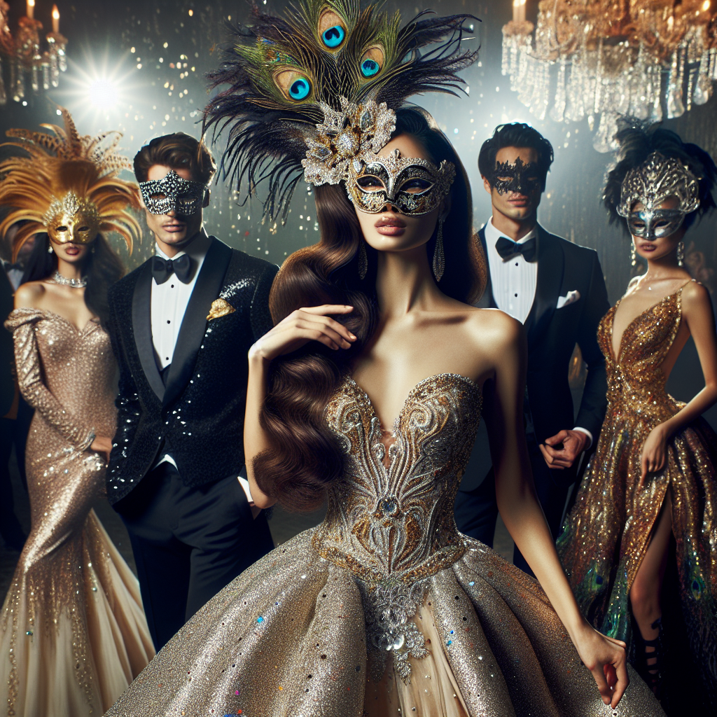 Visualize a dazzling scene at a masquerade ball. In the center is a Hispanic woman, draped in a sparkling ball gown that sways with every step she takes. Her mask, veiling her features, is an ornate piece of art embedded with glittering stones. On her left, a Middle Eastern man dons an exquisitely tailored tuxedo, his mask a riveting play of gold and black. Off to the right, an Asian woman spellbinds onlookers in an opulent dress that shimmers under the ballroom lights, her mask adorned with peacock feathers. All around, guests in exquisite attire revel, the air thick with grandeur and mystery.