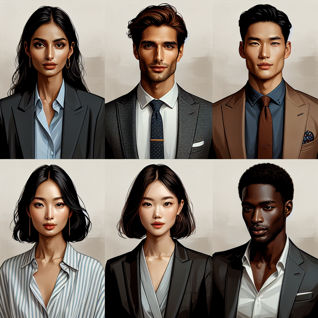 A comprehensive visual guide showcasing various effortless headshot styles. The image depicts five different individuals, each with their unique takes on headshot wardobe. A South Asian woman is elegantly dressed in a chic blazer, a Caucasian man dons a classic shirt and tie, a Middle-Eastern woman sports a fashionable blouse, a Black man confidently wears a smart casual outfit, and a Hispanic man models a modern, sleek suit. Using neutral backgrounds underline the outfits and facial expressions of each individual. All of their poses and expressions exude confidence and professionalism, making this a perfect reference for a Headshot Wardrobe guide.