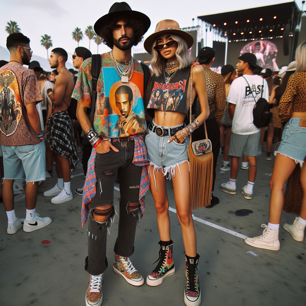 Picture a scene filled with trendy concert-goers at an outdoor music event. In the middle of the crowd, two people stand out with their unique fashion sense appropriate for a hip-hop concert. The man, of Middle-Eastern descent, is wearing a pair of dark distressed denim jeans, a brightly colored, oversized graphic t-shirt, and a stylish pair of high-top sneakers. He accessorizes with a flat-brimmed hat and a gold chain. The woman, of Hispanic descent, wears high-waisted cutoff shorts, a cool, band-themed crop top, and combat boots. She completes her look with a fringe cross-body bag and layered necklaces. Their outfits are stunning, well put together and just perfect for a hip-hop concert.