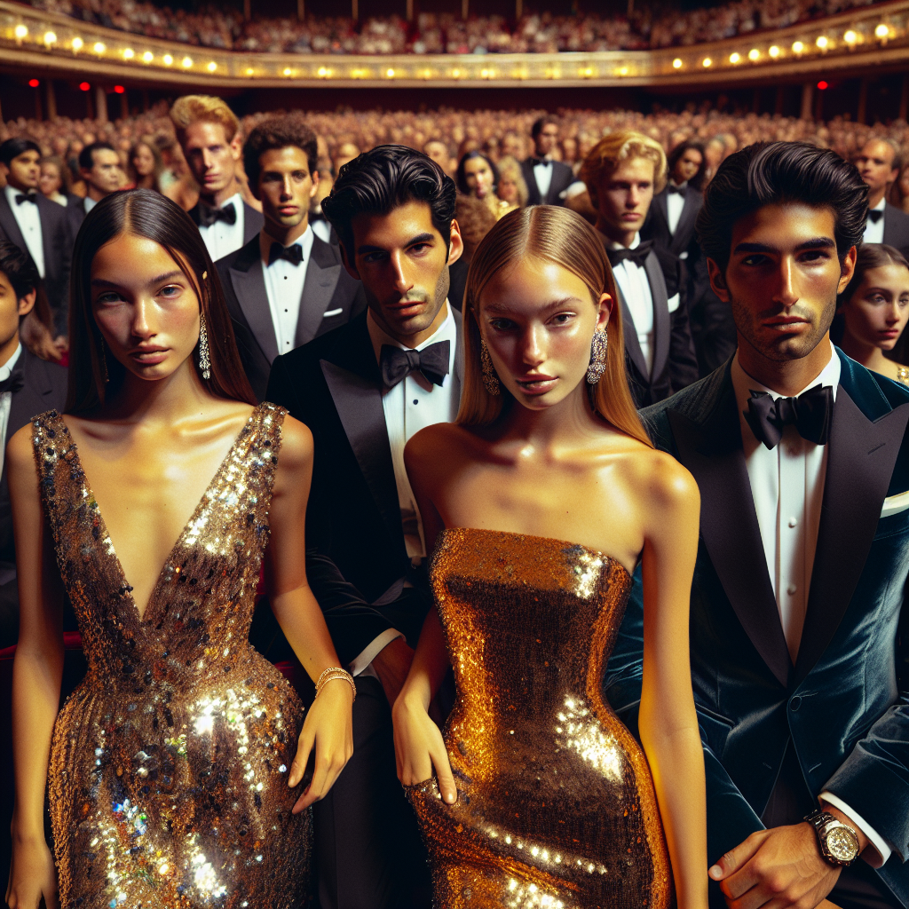 A vibrant scene of an audience dressing up in stunning symphony outfits. Masses of individuals are captured; a Middle-Eastern man, elegantly dressed in a finely tailored black tuxedo, a Caucasian woman holding the limelight in a scintillating sequined gown of brilliant gold, and a young Hispanic woman exuding confidence in a chic black cocktail dress. To complete the scene, a South Asian man looks dashing in a dark blue velvet blazer, a white dress shirt, and a bow tie. The atmosphere is lively and filled with art and music appreciation.
