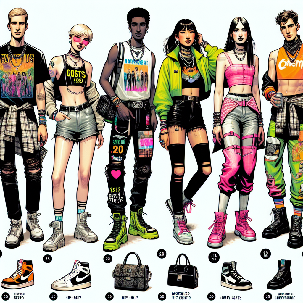An illustrative guide on what to wear to a contemporary music concert in 2024. Imagine fans decked in streetwear inspired outfits, comfortable yet fashionable. On the left side, see a Caucasian man in his mid-twenties, with a graphic tee, distressed denim jeans, and sneakers. On the right corner, a Hispanic woman in her early thirties dressed in a neon crop top, high-waist shorts, and boots. In the center, a group of friends of varying descents showcasing diverse styles: punk, hip-hop, boho. Add hints of band merchandise, bold colors, funky jewelry, and stylish bags for a dynamic and animated scene.