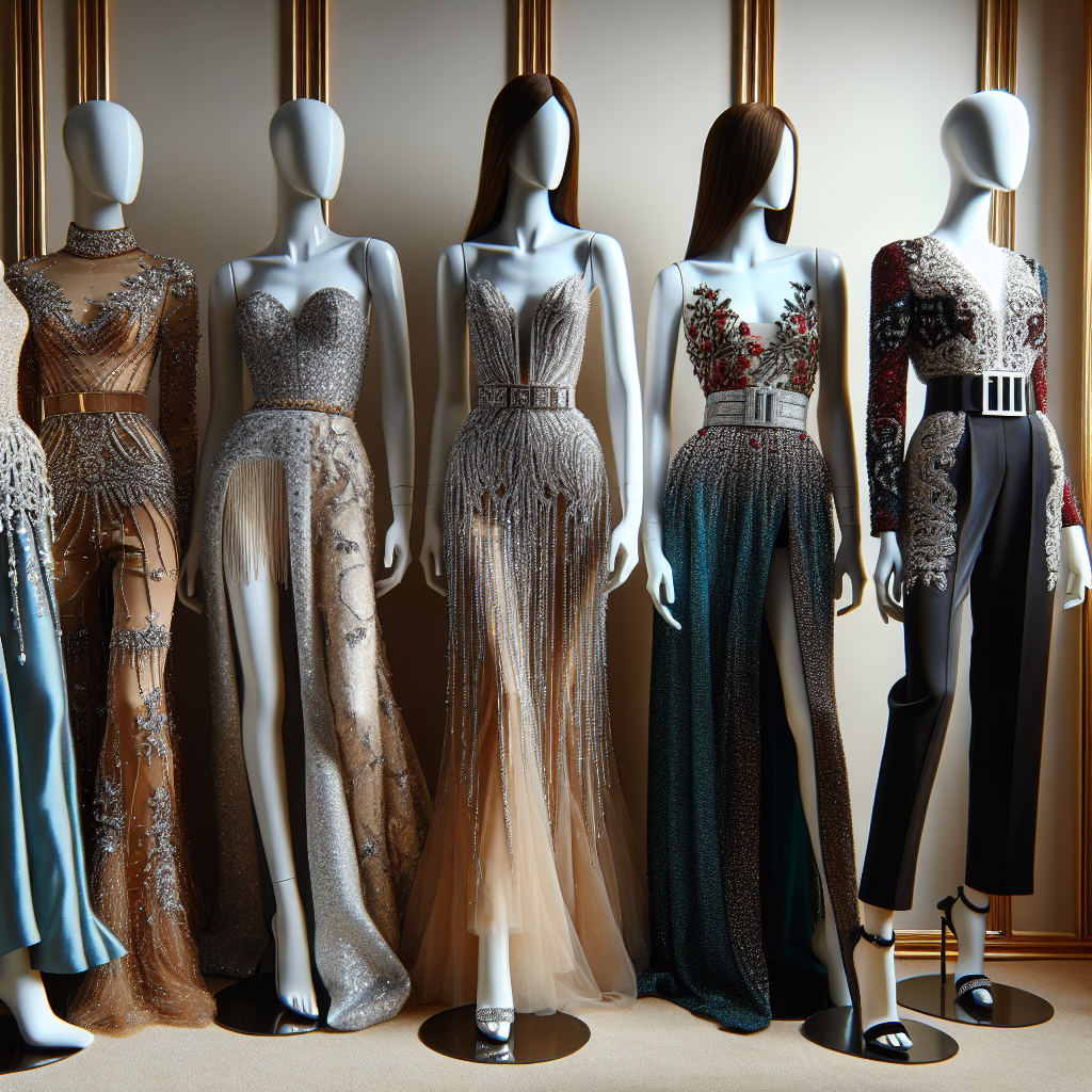 A vibrant display of various designer outfits ideal for birthday dinners. The scene includes a set of four different mannequins. One showcases an elegant, floor-length gown popular among Caucasian women, accented with shimmering sequins. Another is draped in a dazzling cocktail dress with intricate embellishments, preferred by Hispanic women. A third dummies flaunt a stylish jumpsuit with a statement belt often seen on Black women. Lastly, a mannequin adorned with chic, sophisticated tunic and palazzos, typically worn by South-Asian women. All the outfits exude an effortless style.