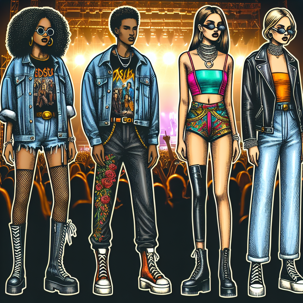 Focus on illustrating typical music concert attire suitable for a contemporary pop concert. The image should depict a diverse mix of fans. The first person, a young Black woman, is wearing a vintage band t-shirt paired with black leather pants, a denim jacket, and chunky boots. The second individual, a Middle-Eastern man, is wearing a brightly colored jumpsuit accessorized with layered silver necklaces. The third person, a White woman, in a trendy pair of high waisted jeans, a neon crop top, and a leather jacket. The background should be alive with concert lights and possibly the silhouette of a stage.