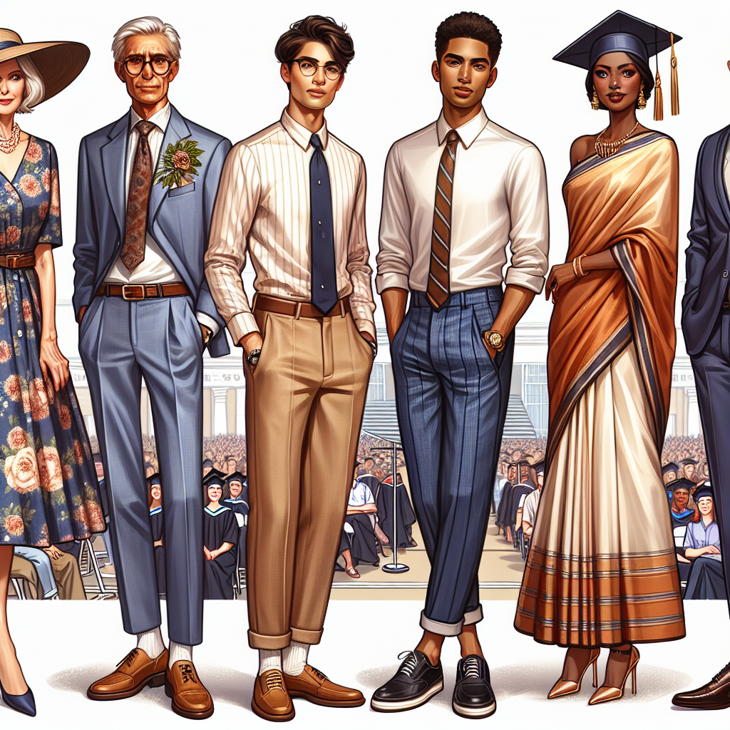 A collection of five individuals, each showcasing a unique graduation guest outfit. The first is an elegant middle-aged Caucasian woman in a floral knee-length dress and a classy hat. The second is a young Hispanic male presenting a semi-formal look with a button-down shirt, chinos, and loafers. The third is an elderly Black woman elegantly dressed in a traditional African dress. The fourth is a young South Asian female in a fashionable saree paired with tasteful jewelry.   Lastly, a confident Middle-Eastern man in a sharp suit and polished shoes. The background is a graduation ceremony with decorated chairs, a podium, and a crowd.