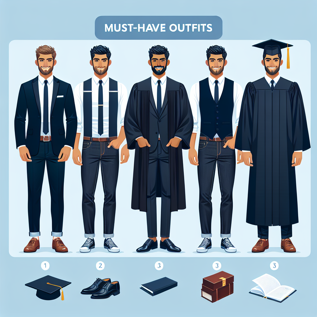 Create an image showcasing different must-have outfits for men suitable for a graduation ceremony. Include a range of attire: a crisp suit with a matching tie and shoes, a semi-formal look with a blazer and dark jeans, and a traditional academic gown. The men wearing the outfits should be from a variety of descents: one Caucasian, one South Asian, and one Hispanic, illustrating diversity. Set the image in an academic setting with proud faces ready to walk the graduation stage.