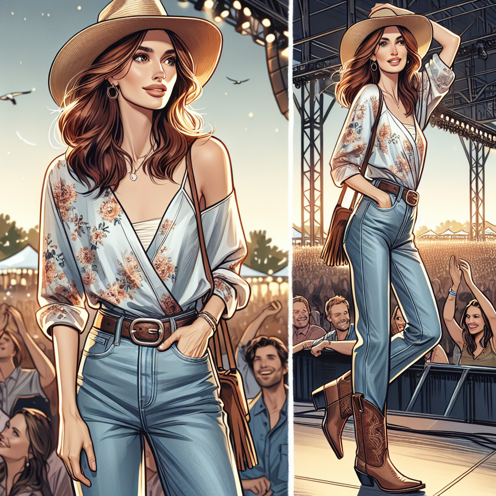 Illustrate an effortlessly styled woman around her 40s, enjoying herself at a country music concert. She is Caucasian with auburn hair styled in loose waves. She could have on a tastefully distressed pair of light-wash jeans, a floral print blouse loosely tucked in, a wide-brimmed straw hat, and cowboy boots. The scene is filled with warm, outdoor evening light and the energy and excitement of the country concert are palpable in the air. This woman is standing right near a concert stage where a band could be seen performing an upbeat country tune.