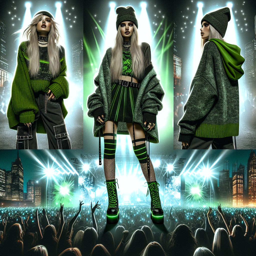 Showcase a fashion compilation for a 2024 music concert. Incorporate edgy, free-spirited, layered styles with green and black colors dominating. The ensemble includes oversized sweaters, chunky boots, neon beanie, and black nail paint. A Caucasian, female model should be featured wearing these styles in a buzzing concert environment, her blonde hair styled in a messy, long bob and she should be experiencing the vibe of the concert encompassed by bright strobe lights, pulsing crowd and skyscrapers in the background. The atmosphere should reflect the feel of a big city night concert.