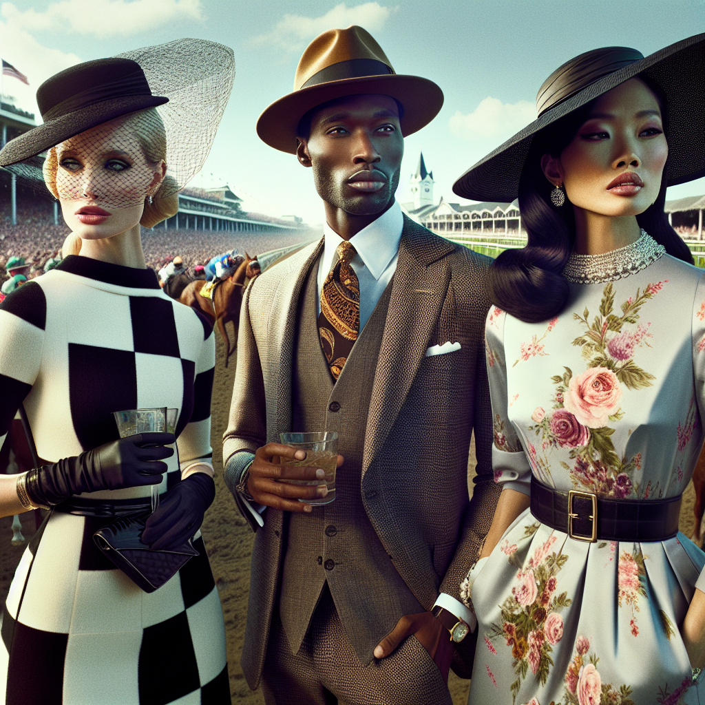 A scene at the Kentucky Derby, featuring three well-dressed individuals. The first person is a Caucasian woman in a trendy monochrome outfit, matching hat with netted veil, and high-heeled shoes. The second individual is a Black man, looking dapper in a tailored suit, eye-catching tie, and a fedora. The third is a South Asian woman boasting a vintage-inspired floral dress with a wide-brimmed hat. The background buzzes with excitement, featuring the race track and horses in the distance, and the sky above is clear blue.