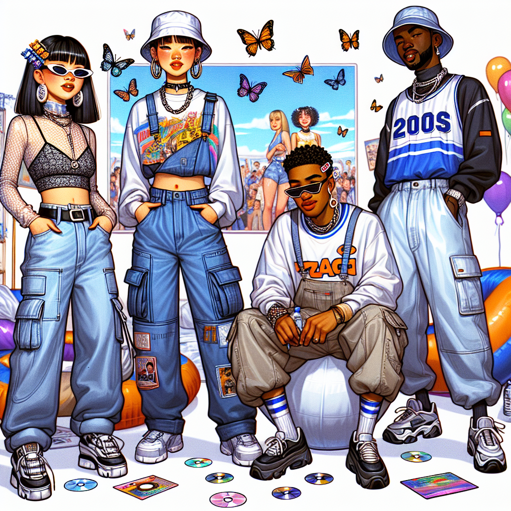 Illustrate a bright and nostalgic scene depicting 2000s inspired fashion. In the frame, show four people of different descents: Black female in low-rise jeans with a crop top and sunglasses, Asian male in a graphic tee, baggy cargo trousers, and bucket hat, a Middle-Eastern female in an all-denim outfit with butterfly clips arranged in her hair, and a Caucasian male in oversized sports jerseys and chunky sneakers. Scatter around the room Y2K essentials like inflatable furniture, neon lights, and CD piles. Let the setting be a festive, retro living room ready for a Y2K party.