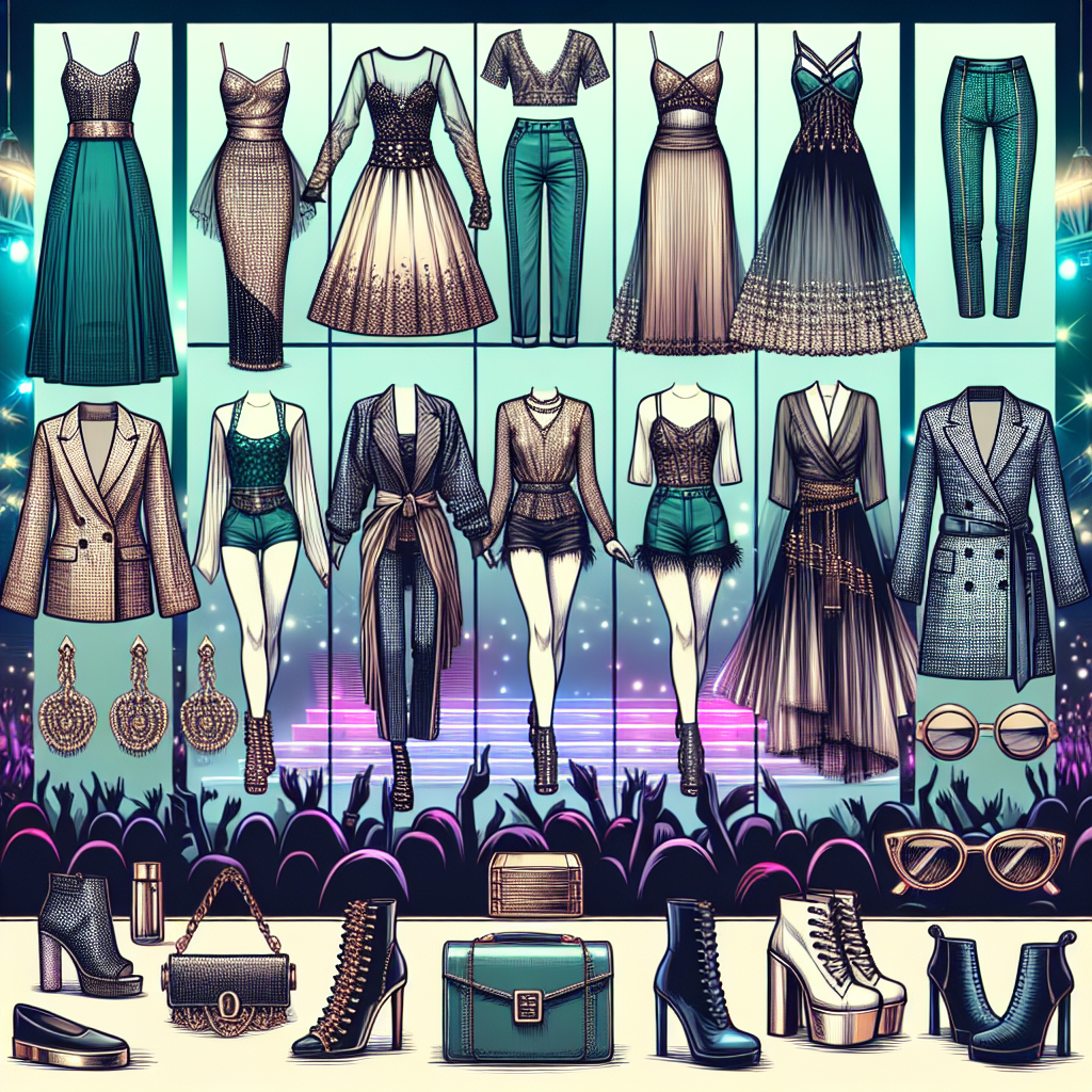 Conceptualize an image depicting a collection of stunning and stylish outfits suitable for a modern pop music concert. These outfits should be diverse, ranging from glamorous and fashionable dresses for women, stylish suits for men, and casual yet trendy clothing for all genders. Each outfit should reflect a contemporary, urban style with a touch of luxury, perfect for an evening of melodic entertainment under neon lights. Accentuate the outfits with relevant accessories such as chic sunglasses, unique jewelry pieces, signature footwear, and statement bags. The background could hint at the exciting atmosphere of a music concert without directly associating with a specific artist.
