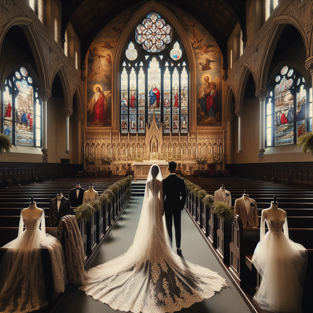 A magnificent church filled with decorated pews set with a backdrop of a beautiful ancient stained glass window portraying biblical scenes. In the foreground, two figures wearing stunning elegant wedding attire are prominently displayed. The first figure is a Hispanic woman wearing a stunning, elegant white lace wedding dress with a trailing veil which is catching the light. The second figure is a Middle Eastern man, perfectly attired in a sleek black tuxedo with a boutonniere, his bow tie impeccably arranged. Resting on the pews, you can see thoughtfully chosen outfits for wedding attendees, flaunting an aura of effortless elegance.