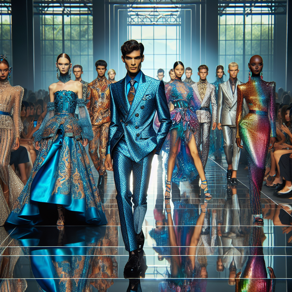 A vivid image of a fashion show runway filled with models showcasing unique and unforgettable styles. In the forefront, a South Asian male model can be seen donning a cutting-edge and sophisticated sapphire blue suit with intricate golden patterns. Behind him is a Hispanic female model in a flashy, turquoise avant-garde gown adorned with holographic sequins striking a dramatic pose. In the distance, a diverse group of models in various styles, from classic to modern, can be seen, alternatively spotlighted as they sashay down the runway. The audience, consisting of people from different ages, genders, and descents, watch and applaud, fully captivated by the stunning display of fashion.