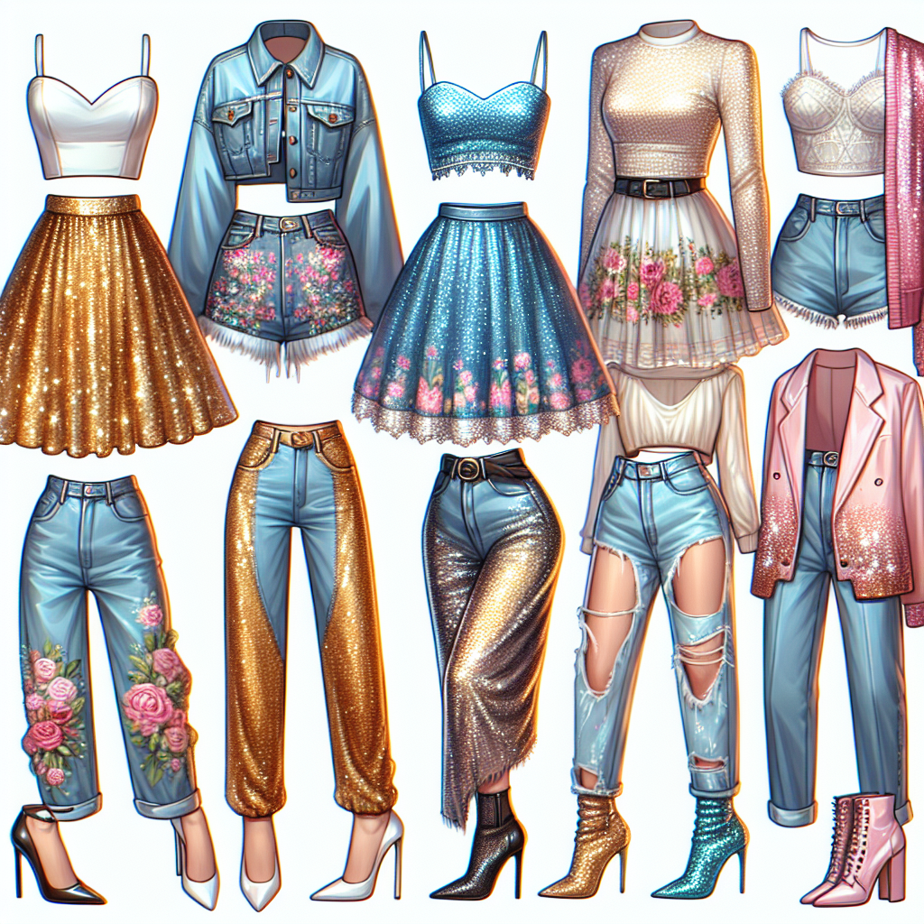 An array of stylish and stunning outfits suitable for a pop concert. These outfits include a sequined golden skirt teamed up with a white crop top, a floral dress with a denim jacket, a retro-inspired apparel with high-rise glitter pants and an oversized pastel-colored cardigan, and a glamorous black jumpsuit paired with high-heeled boots. All styles echo trends typical of pop music fan attire, capturing the spirit and energy of a live concert. Note: Although these were designed with a contemporary female pop star's concerts in mind, they don't reference any specific individual.