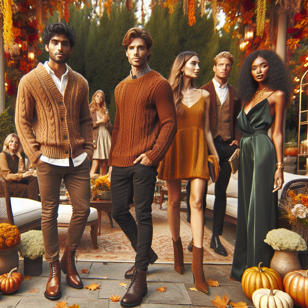 Picture a luxurious fall garden adorned with warm autumn colors. A group of diverse guests, in terms of descent and gender, is mingling around. One man of South Asian descent is wearing a warm cinnamon sweater over a collared shirt and styled with leather boots. A woman of Caucasian descent is in a mustard yellow knit dress paired with brown ankle boots. Another man of Hispanic descent sports a burgundy cardigan over a cream shirt and dark jeans. Lastly, a woman of Black descent is in an elegant deep green jumpsuit, with gold statement jewelry. The scene is embellished with falling leaves and pumpkins around.