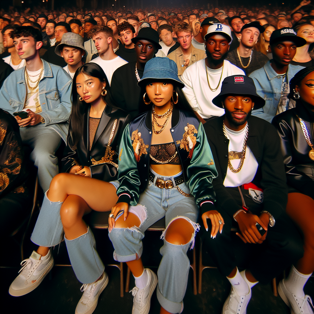 A lively scene at a rap concert showing a mix of audiences wearing different styles of outfits to express their unique fashion sense. Picture a black woman in a stylish, gold-chain adorned bomber jacket, paired with ripped jeans. Close by, a white man dons an oversized t-shirt, jeans, and a pair of retro sneakers, while rocking a bucket hat. Back in the audience, a south Asian woman in a chic leather jacket with a neon-coloured crop top underneath, and a Middle-Eastern man clad in a simple, elegant white shirt and black slacks. All these people are illuminated under the vibrant stage lights.