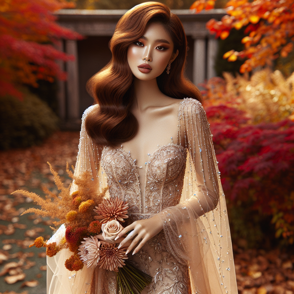 Visualize an outdoor scene set in the crisp autumn season. An Asian woman dressed in a breathtaking fall wedding outfit poses elegantly. Her auburn hair cascades gracefully over her shoulders, accentuating her beaded, champagne-colored, long-sleeved floor-length gown. The dress highlights her slender physique and is adorned with detailed lace patterns. A light, chiffon shawl with a subtle shimmer is draped effortlessly over her arms. She is holding a bouquet of blush roses, golden chrysanthemums, and vibrant foliage. Her makeup is simple yet sophisticated, complemented with a glowing, warm-toned lipstick. Behind her, leaves in hues of orange, red, and gold paint an enchanting backdrop.