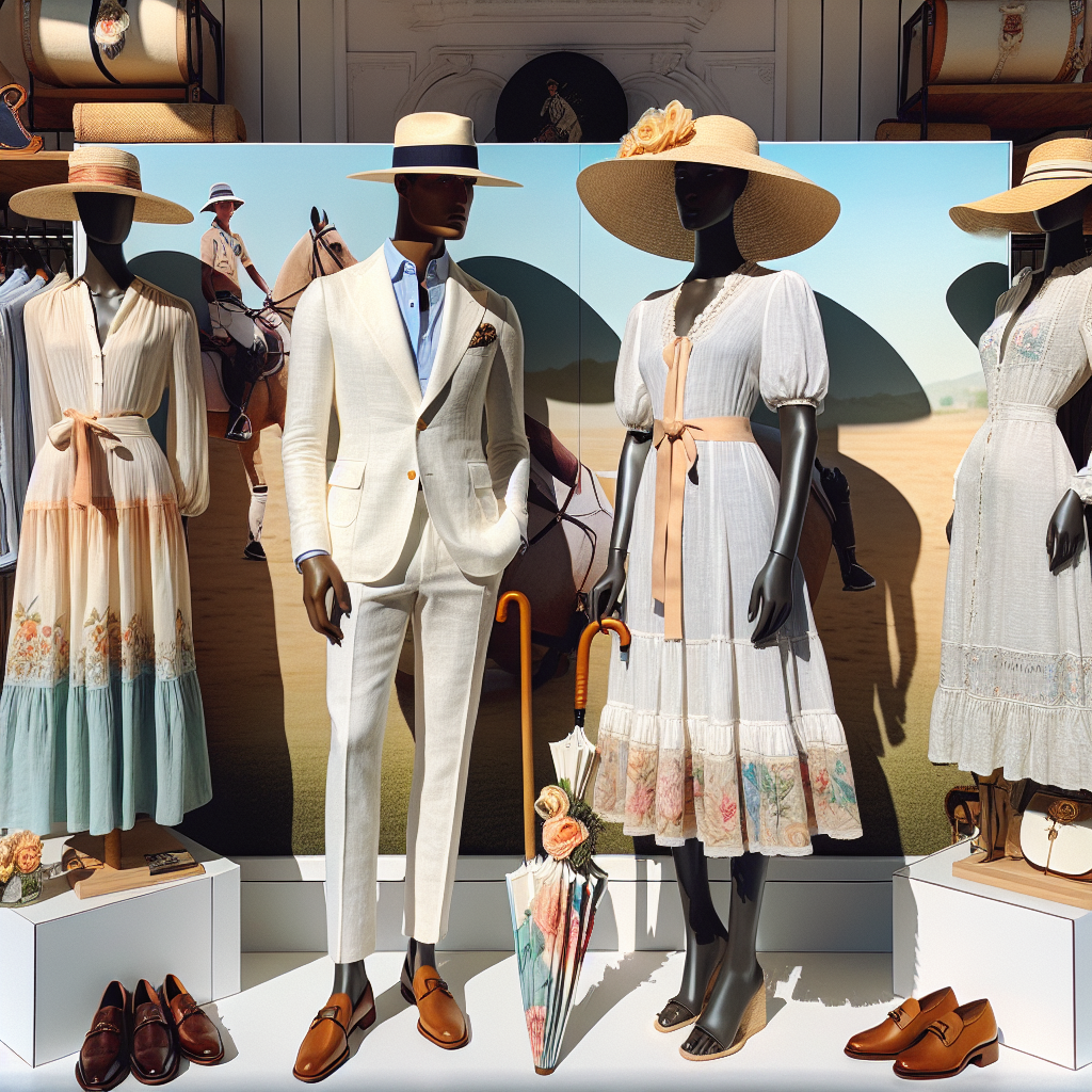 Imagine a bright sunny day at the polo grounds. There is a display showcasing a variety of stunning yet chic outfits ideal for a polo match. This includes a fashionable white linen suit on a South Asian man and a flowing, light summer dress in pastel colors on a Black woman. For accessories, a classic Panama hat for the man and a wide-brimmed straw hat decorated with ribbons for the woman. Both are holding fancy, decorated umbrellas to shelter against the sun. Completing their stylish ensembles are polished leather loafers for the man and elegant wedge sandals for the woman.