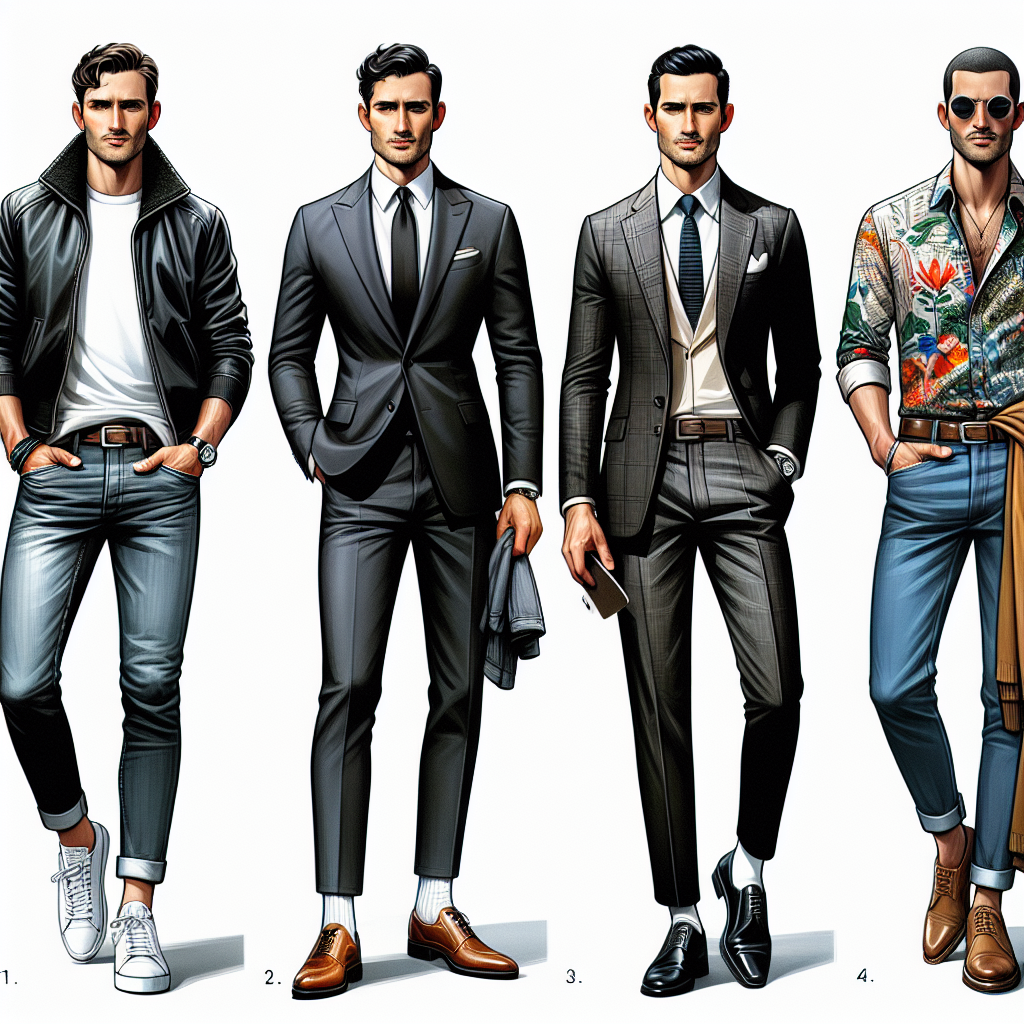 Create an image of four men, each showcasing a different style for a stunning first date outfit. The first man is Caucasian and dressed in a trendy, casual ensemble; a sleek leather jacket, fitted jeans and fashionable sneakers. The second man is South Asian sporting a classic style with a sharp tailored suit, crisp dress shirt and polished dress shoes. The third man is Hispanic dressing in a casual, business style; a combination of blazer, chinos and loafers. The fourth man is Black, opting for a creative, artful style; a unique patterned shirt, bright-colored trousers and trendy boots.