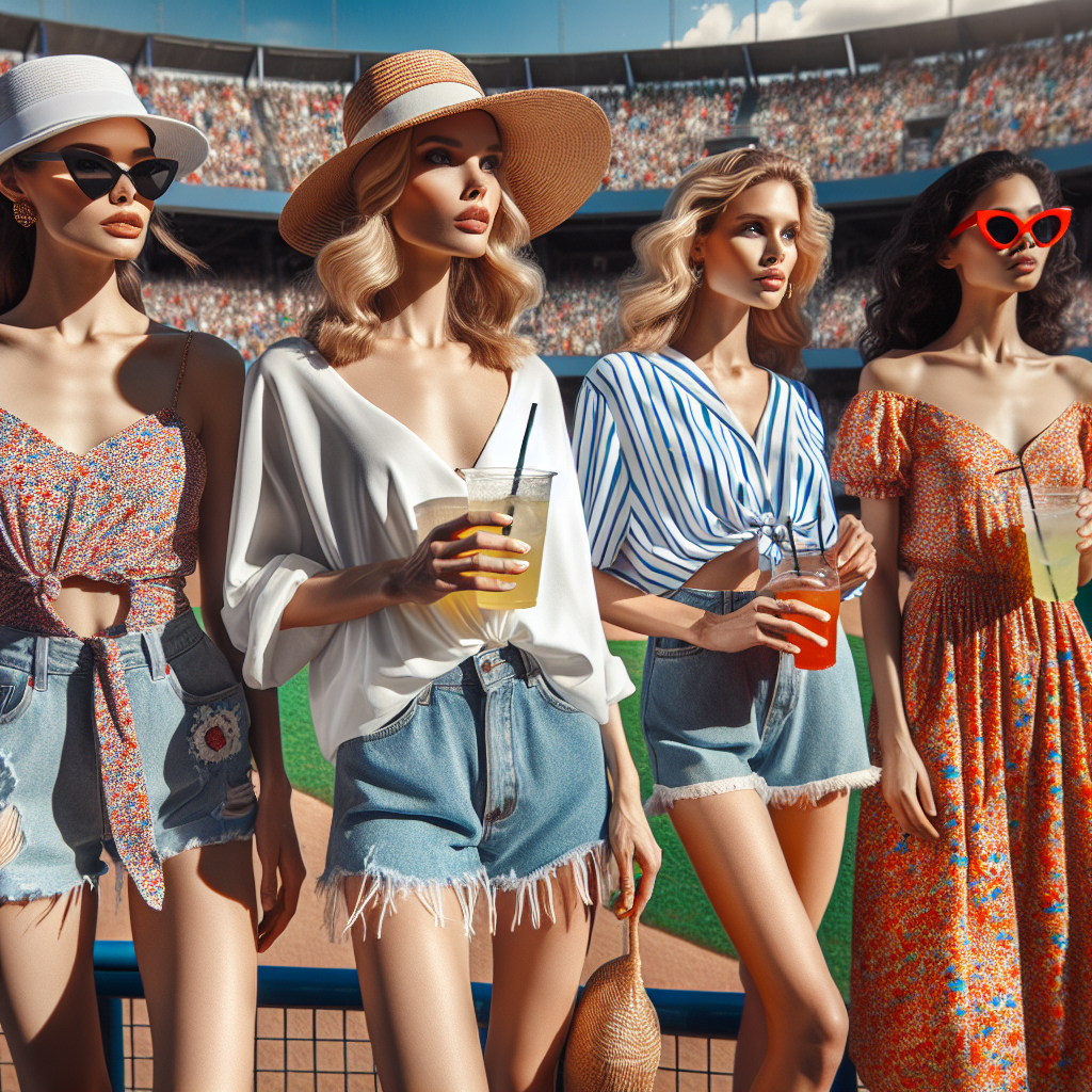 A bright, sunny summer day at a baseball park. In the foreground, a group of four fashionable women in trendy summer outfits are standing and watching the game. One woman of Caucasian descent is wearing a stylish sun hat with a loose white blouse and denim shorts. Another woman of Middle-Eastern descent is in a vibrant floral dress with a chic pair of sunglasses. A third woman of Black descent is wearing a breezy off-shoulder top with a colorful printed skirt. Lastly, a woman of Asian descent is donning a sporty baseball shirt with fitted capris. Each woman is holding a lemonade or a hot dog, epitomizing the spirit of a summer baseball game.