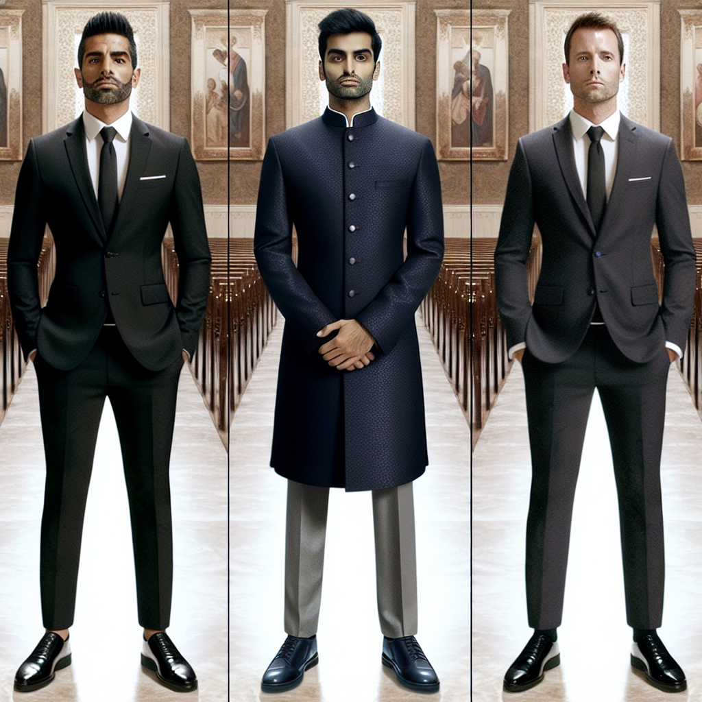 Imagine an image composed of three different partitions showing men of diverse descents: a Hispanic man, a South Asian man, and a Caucasian man. They are all dressed respectfully appropriate for a funeral. The Hispanic gentleman wears a finely tailored black suit, white shirt, and a black tie. The South Asian man is shown in a dark navy Sherwani, complete with matching shoes, emanating elegance and grace. The Caucasian man is sporting a charcoal grey suit, crisp white shirt, and a dignified black tie. Their overall carriage indicates respect, solemnity, and careful consideration of the event's gravity.