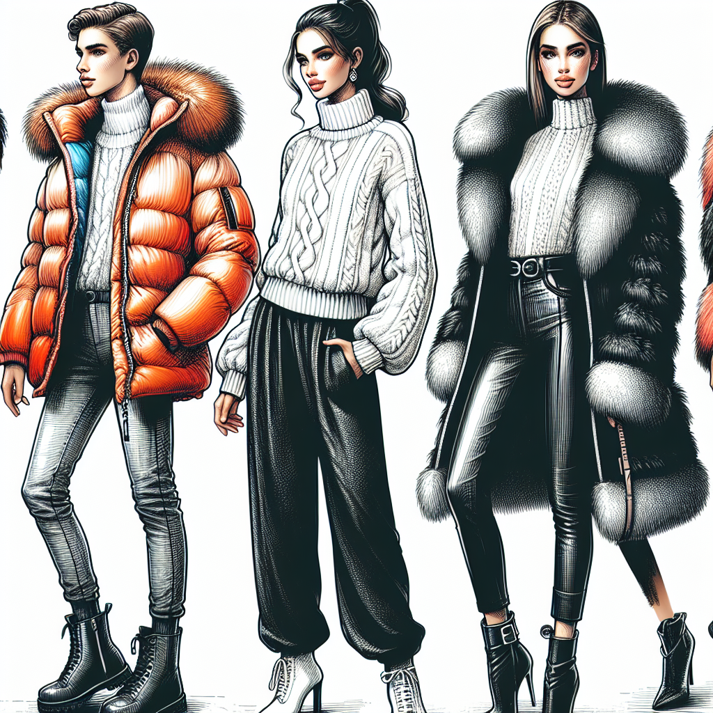 Create a hand-drawn image depicting an array of stunning and warm winter outfits that are perfect to wear to comedy shows. Picture one person in a stylish, puffy, brightly-colored jacket, another in a cozy, chic white sweater paired with elegant black pants and boots, and perhaps a third in an edgy, modernist overcoat with an extravagant fur collar. Make sure to emphasize the diversity of the outfits, portraying the three individuals as Caucasian, Hispanic, and Black respectively. Each of them should be stylishly dressed, oozing confidence and charm, depicting that they are about to attend a comedy show.