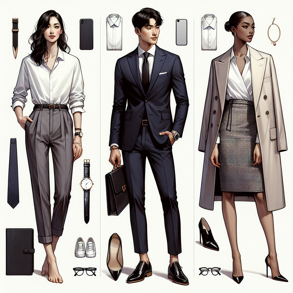 Envision a detailed fashion composition showcasing must-have looks for job interviews. Depict three unique outfits that embody both effortless and chic styles. The first is on a Middle-Eastern woman, who wears a crisp white shirt tucked into straight-leg pants with a classic watch. The next is an Asian man in a sophisticated navy-blue suit, white shirt, bold tie, and polished shoes. Lastly, depict a Black woman sporting a tailored jacket-dress combo, paired with elegant heels and subtle jewelry. Include a variety of accessories to complete these looks, such as portfolios, smartphones, and eyeglasses. Remember to capture the overall ambiance of confidence and professionalism.
