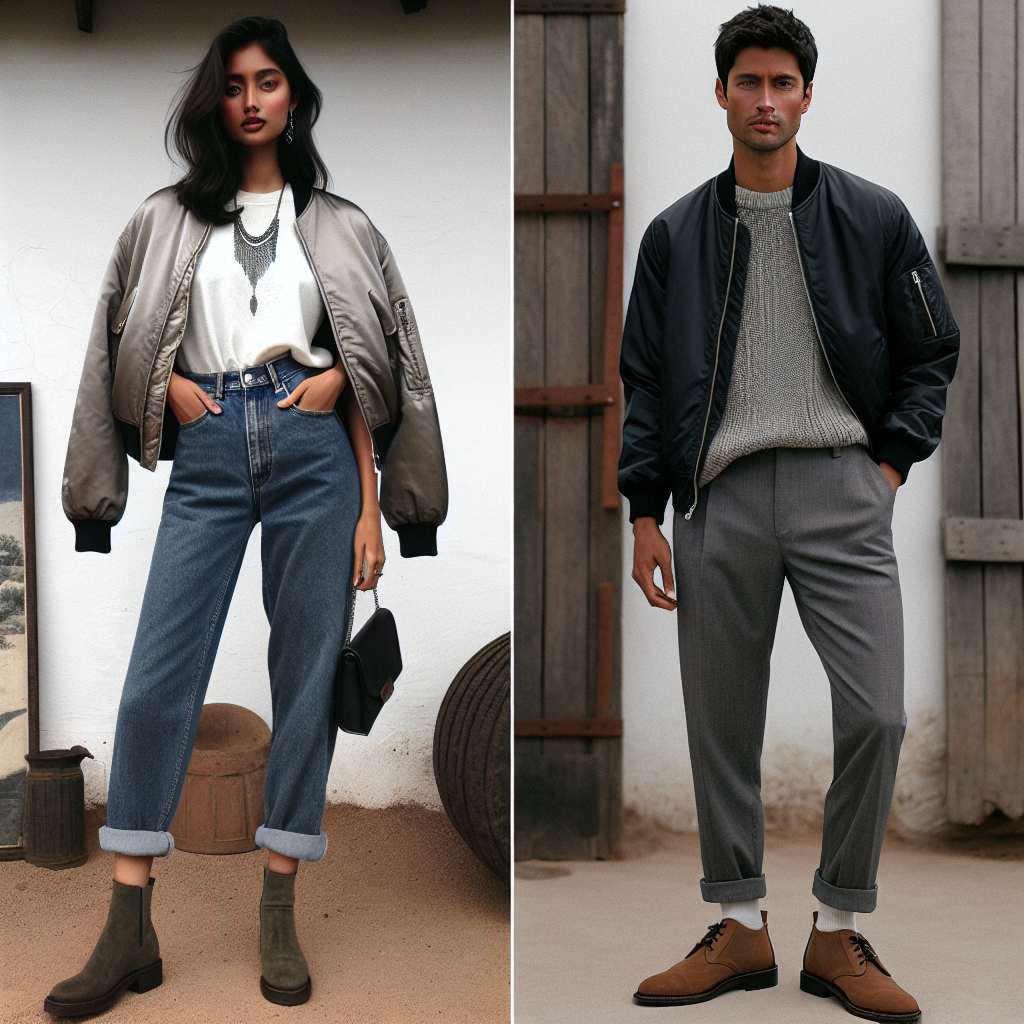 Picture this: a South Asian woman in her late twenties with a bomber jacket, matching it with a pair of high-waisted jeans and a basic white t-shirt underneath. She's accessorising with a statement necklace and olive green ankle boots. Her clothing exudes a sense of effortless style and are perfect tips for what to wear with a bomber jacket. In another scenario, a Hispanic man in his early thirties is wearing a black leather bomber jacket with grey chinos, tan desert boots and a simple monochrome sweater. His relaxed, well-coordinated outfit perfectly complements the bomber jacket, setting a prime example for men's casual wear.