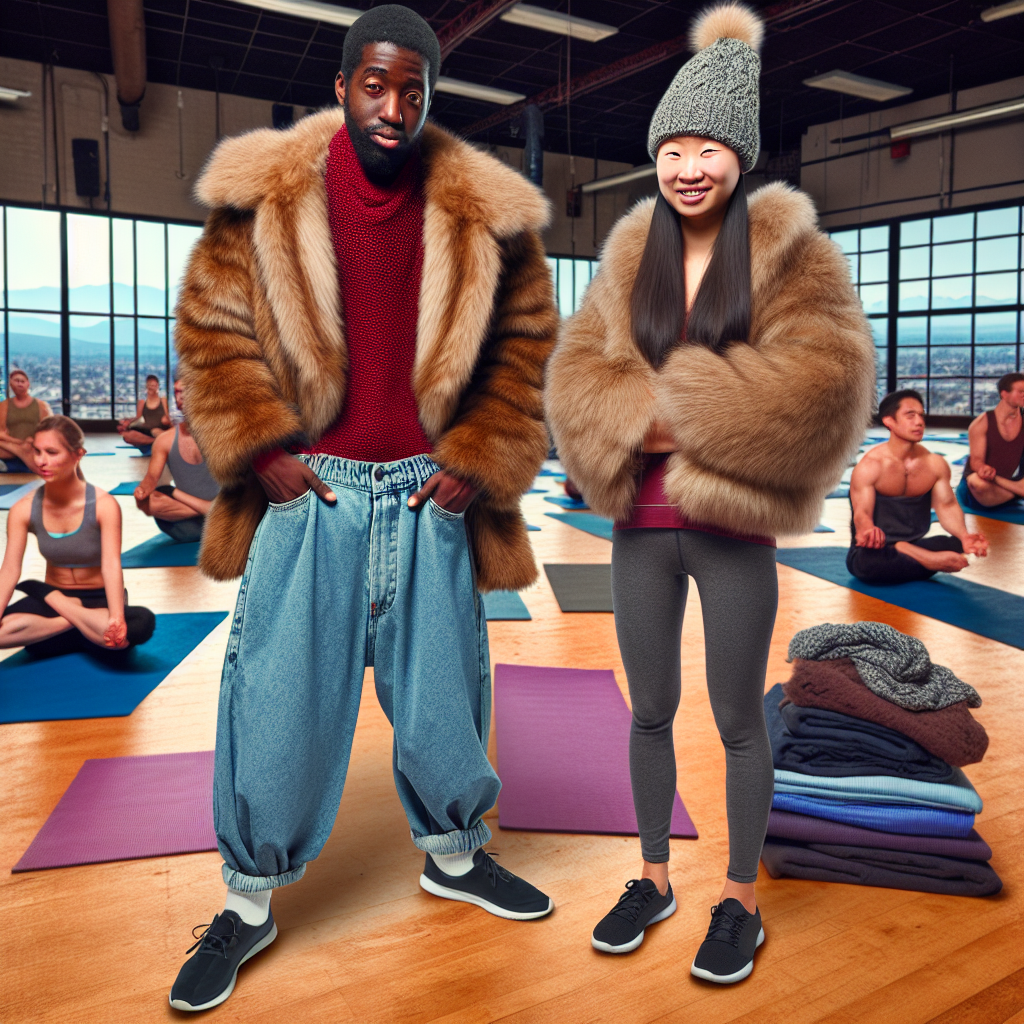 Create a humorous image that highlights common fashion faux pas committed by individuals when attending a hot yoga session. Visually represent a Black male and an Asian female, who are wearing impractical clothes for such an activity - perhaps a thick fur coat, heavy jeans and a woolen hat. Also, include the setting of a typical hot yoga studio, filled with mats and mirrors, with other people dressed appropriately in the background for contrast.