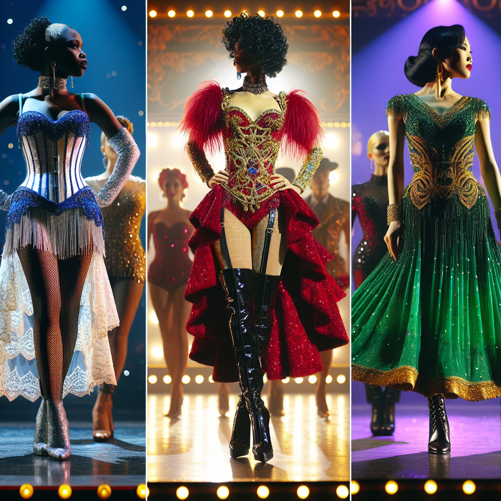 Picture a sequence of three different burlesque show outfits on stage under spotlight. In the first scene, a Black woman is wearing a sequinned silver and blue corset combined with layered lace skirts and black heeled boots. The second scene illustrates an Asian woman dressed in a flamboyant red velvet bodysuit adorned with gold beads and feathers, complete with knee-high patent leather boots. Lastly, a Middle-Eastern woman is showcasing a vivid emerald green dress with black sequin details and leather ankle boots. Each costume sparkles beneath the stage lights, exuding charisma and confidence.