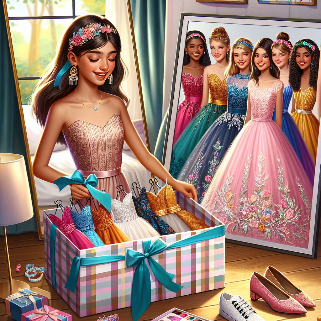 Create a vibrant image to reflect must-have styles for a stunning Bat Mitzvah look. The scene should represent an unwrapped gift box revealing a selection of trendy dresses with detailed embroidery and sparkling embellishments. Nearby, there should be matching shoes and accessories like headbands, earrings, and bracelets contributing to the entire look. The backdrop should consist of a modern bedroom with a colorful palette. Include a mirror reflecting a young girl, showcasing her enthusiasm and reflecting diverse races such as Hispanic, Black and South Asian.