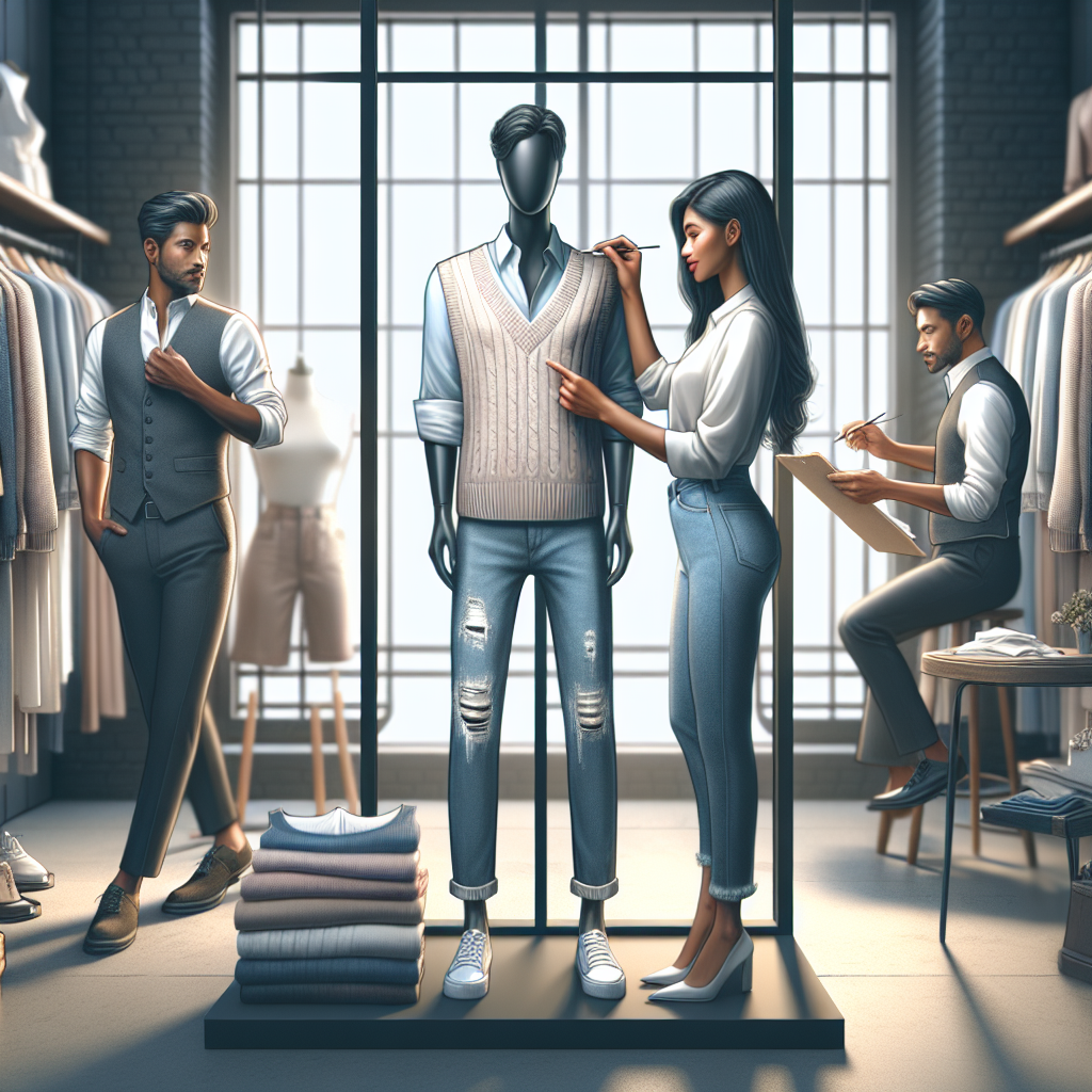 Visualise a fashion-oriented scenario highlighting the versatility of sweater vests. The scene unfolds in a boutique, with a chic fashion advisor fitting a sweater vest on a South Asian female customer. The advisor stylishly layers the vest over a white blouse, paired with distressed blue jeans. On a nearby mannequin, a Black male model's outfit is showcased: a fitted sweater vest, a pastel shirt, and classic grey chinos. In the background, a Hispanic male tailor is seen sifting through a rack of sweater vests, eager to help the next patron. The ambiance of the space exudes effortless style and charm.