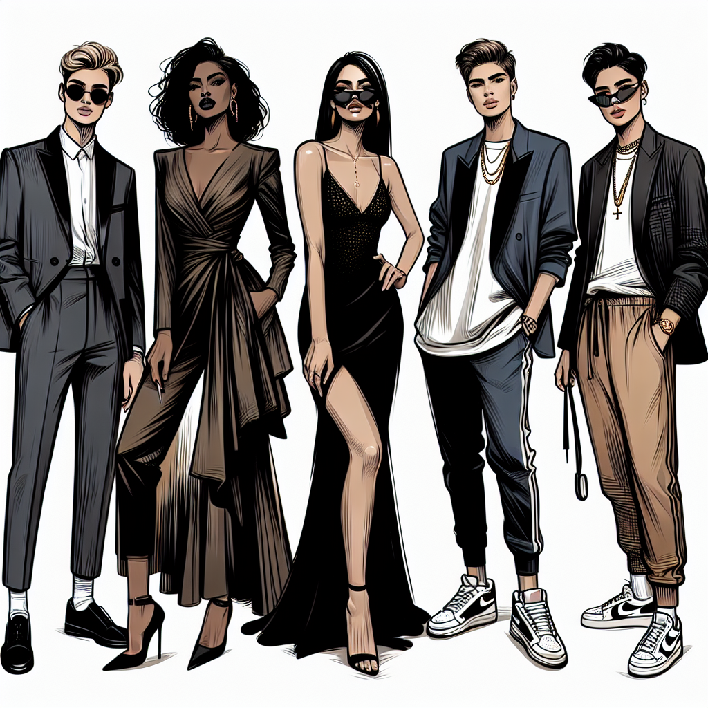 Illustrate a fashionable gathering. Show a group of six individuals, each displaying a unique and different outfit that would be considered a 'must-have' in the world of casting. Detail three women — one Hispanic with a professional suit, one Black woman in a glamorous evening dress, and one Middle-Eastern woman rocking a casual chic attire. Showcase three men as well — a South Asian man adorned in a slick tuxedo, a Caucasian man in fashionable streetwear, and an East Asian man dressed in a trendy sporty outfit. Emphasize the confidence and style of these individuals.