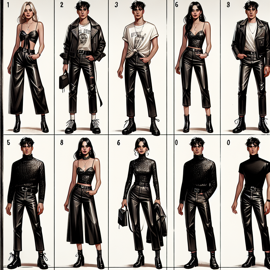 A fashion guide demonstrating a variety of trendy outfits paired with black leather pants for nighttime social occasions. The image showcases a carousel of stylized figures. The first figure is a Caucasian woman in a cropped scarf top, the black leather pants, and chunky boots. The second figure, an East Asian man, exudes rocker aesthetics with a distressed white t-shirt and the black leather pants. Third, a Middle-Eastern woman in the black pants and a sparkling sequin top. Last, a Hispanic man wearing a sleek black turtleneck with the leather pants. Each look varies significantly, expressing different tastes and styles.