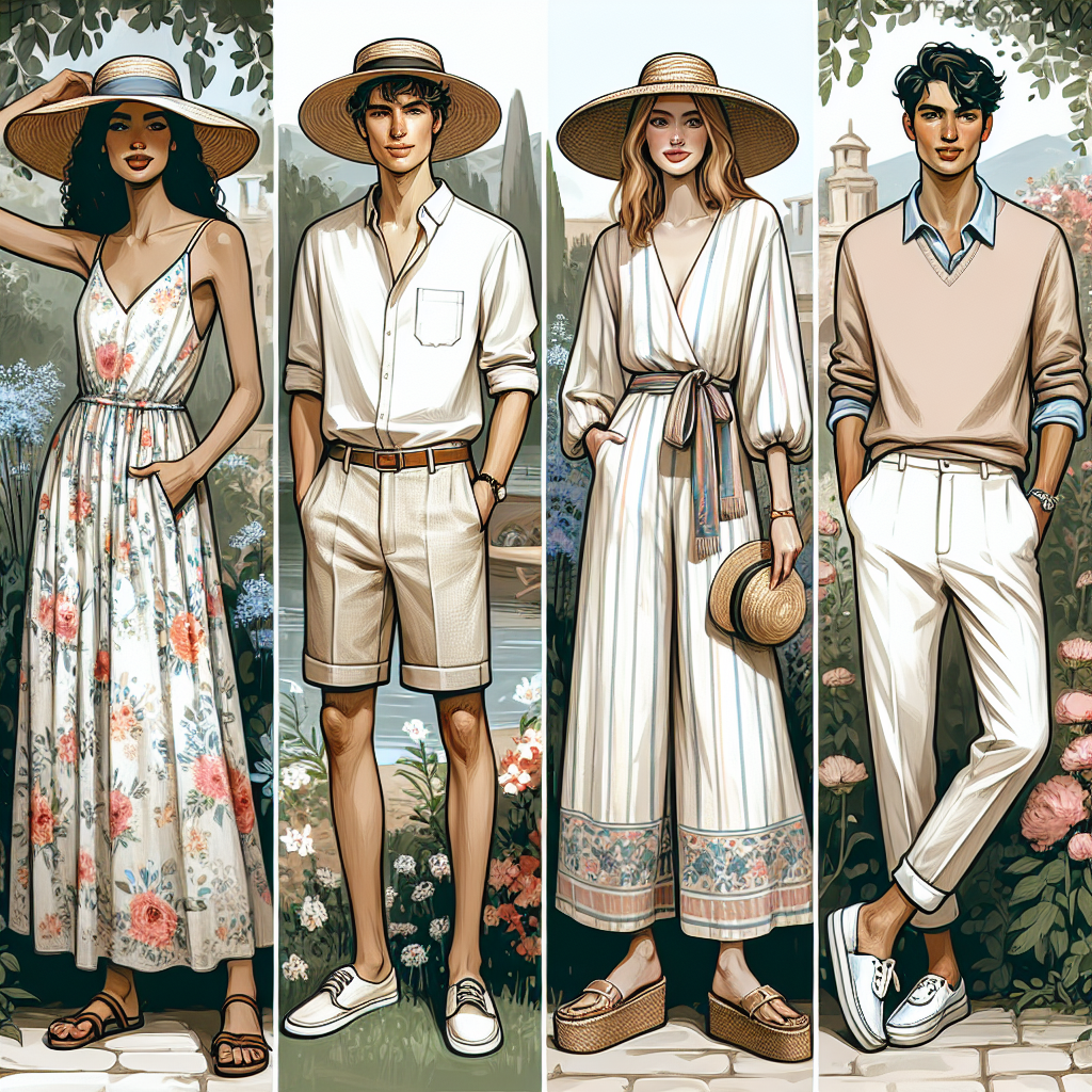 Visualize a serene and joyous summer garden party scene. Display a Hispanic woman wearing a light-weight, floral-patterned maxi dress, a pair of stylish sandals, and a floppy straw hat. Capture a Caucasian man with a cool linen shirt, chino shorts, and boat shoes. Include a Middle-Eastern woman donning a chic jumpsuit paired with wedge sandals, and a South Asian man embracing a smart-casual style with a pastel polo shirt, white trousers, and loafers. Each individual should exhibit their unique style, embodying effortless elegance and summertime comfort.
