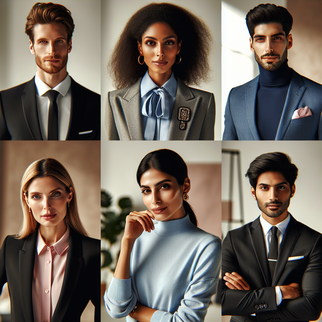 Imagine a scene featuring a diverse range of professional individuals of various descents and genders, showcasing stylish attire ideal for headshots. Present a Caucasian woman in a sharp and sophisticated black business suit, a Middle-Eastern man wearing a neat, pastel colored shirt, a Black woman dressed in an elegant blouse with an eye-catching brooch, a Hispanic woman sporting a classic blue blazer over a crisp white turtleneck, and a South Asian man in a modern slim fit charcoal grey suit. Let the setting be a well-lit studio environment, emphasizing the aura of confidence they portray.