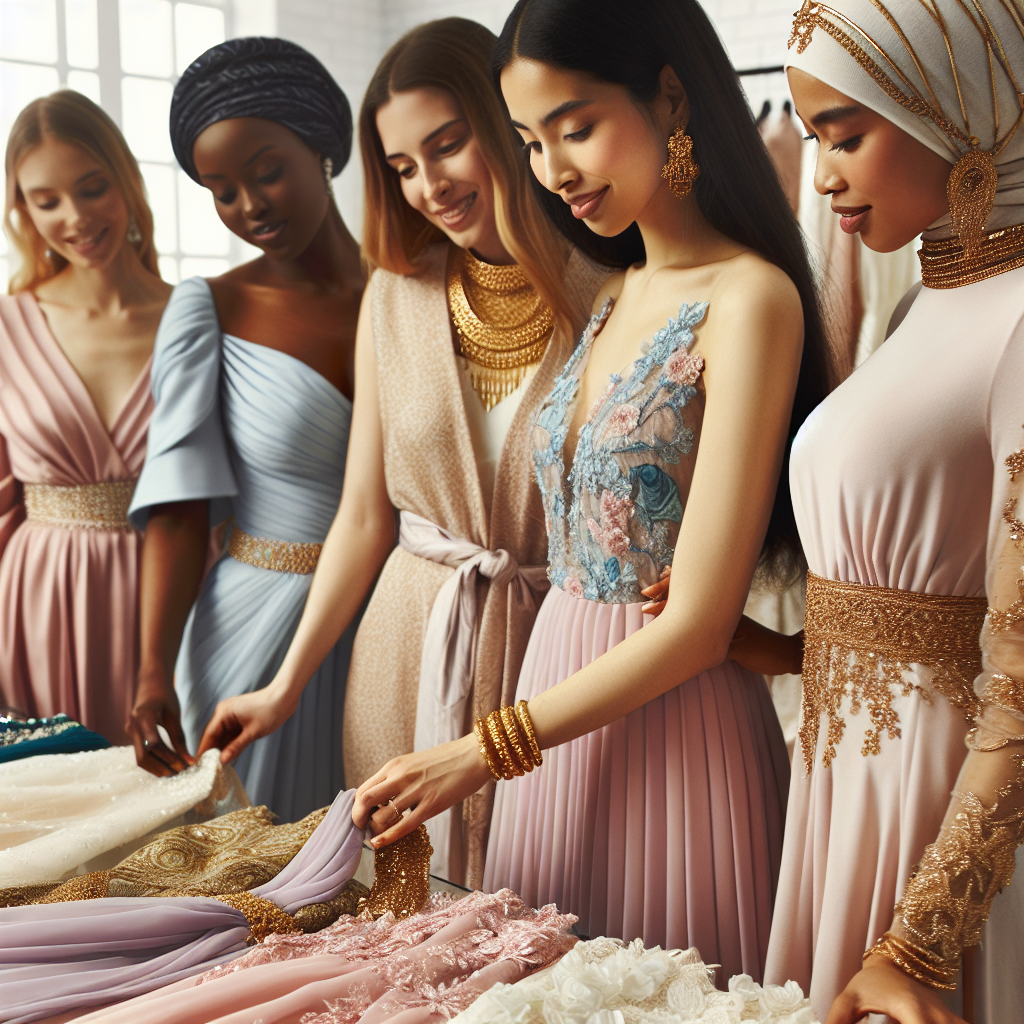 Visualize a diverse group of women preparing for a bridal shower. A Black woman is scoping over a selection of elegant pastel-colored dresses, her face lighting up in anticipation. A Middle-Eastern woman is adorning herself with delicate golden jewelry. An Asian woman is delicately wrapping a beautifully-patterned shawl around her neck. There's an ambiance of excitement and delight. These ladies are showcasing stunning fashion picks for a bridal shower, combining style and grace, tradition and modernity. Create an image that encapsulates this opulent and joyful atmosphere.