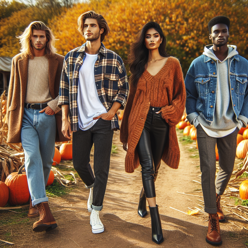 Imagine a beautiful autumn scenery. A group of four fashionable individuals walking through a pumpkin patch, each in a stunning outfit that embodies effortless style. There's a Caucasian woman in a cozy, warm-toned knit sweater with high-waisted jeans and ankle boots. Next to her is a Hispanic man wearing a flannel shirt unbuttoned over a white t-shirt and dark wash jeans, completed with brown leather boots. A South Asian woman strolls nearby, rocking an oversized coat, black leggings, and knee high boots. Completing the group, a Black man is outfitted in a denim jacket, grey hoodie, and sneakers. Golden autumn leaves serve as the backdrop for their stylish autumn adventure.