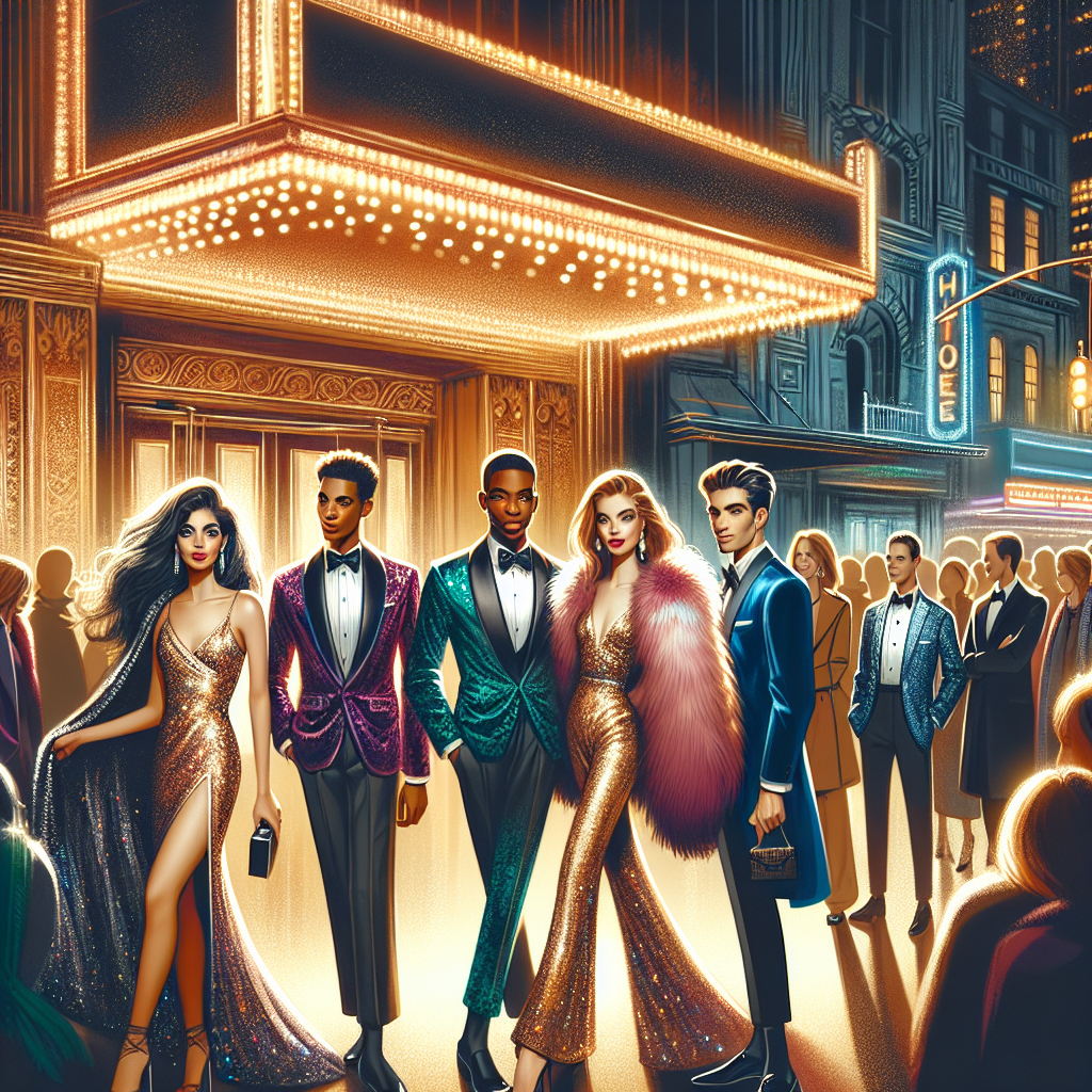 Depict a vibrant scene set at the entrance of a musical show. In the foreground, illustrate a diverse mix of fashionable people. Include a South Asian woman in an elegant jumpsuit with sequins, a Black man in a jewel-toned velvet suit, a Caucasian woman in a shimmery cocktail dress with a faux fur cape, and a Hispanic man in a timeless tuxedo. In the background, subtly show glowing marquee signs, excited crowds, and the entrance of the theater brushed with the soft golden hues of streetlights.